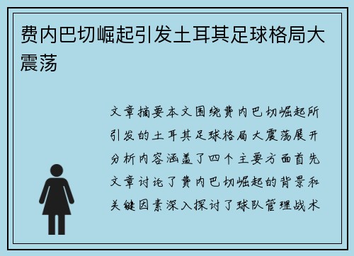 费内巴切崛起引发土耳其足球格局大震荡