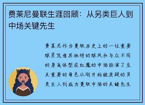 费莱尼曼联生涯回顾：从另类巨人到中场关键先生
