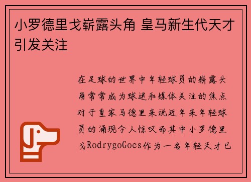 小罗德里戈崭露头角 皇马新生代天才引发关注